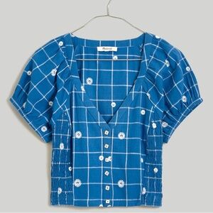 Embroidered Puff-Sleeve Crop Top in Windowpane